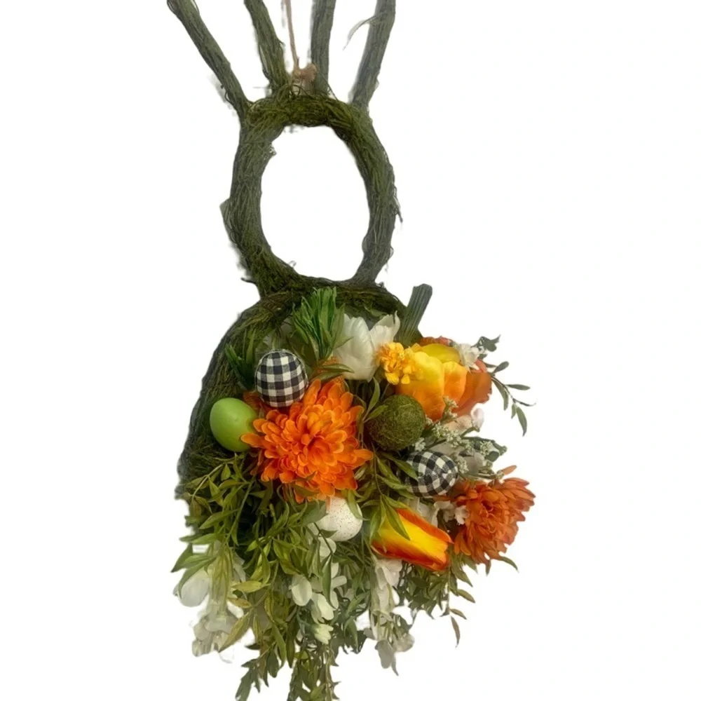 Easter Bunny Shaped Moss Floral Spring Orange Wreath Farmhouse Black White Plaid